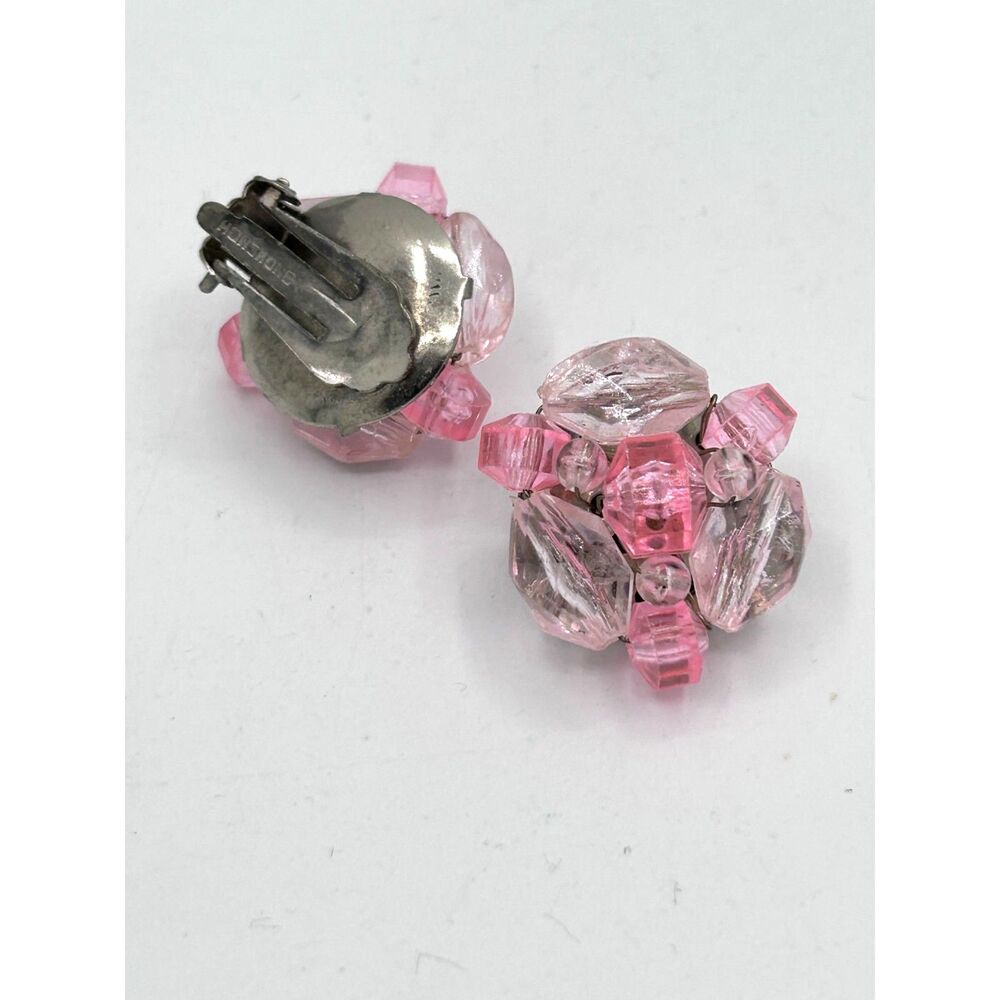 Vintage Pink and Clear Signed Hong Kong Cluster Clip On Earrings